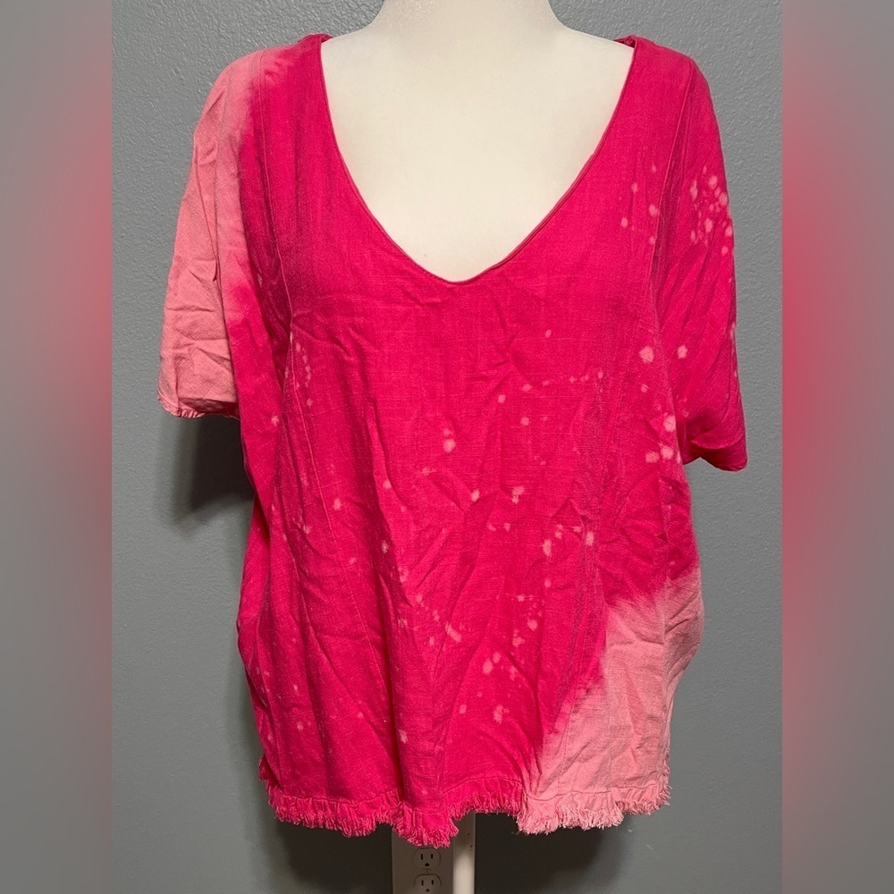 Umgee Pink Variant Top Boho Two-Tone Frayed Hem Cottagecore Western Chic Large